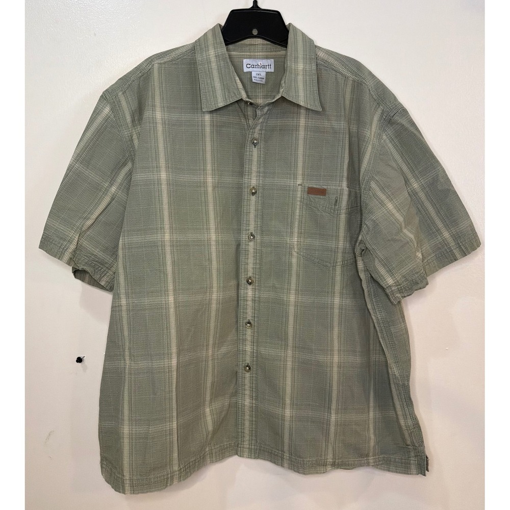 Carhartt Mens Plaid Short Sleeve Button Down Shirt Sage Green 2XL